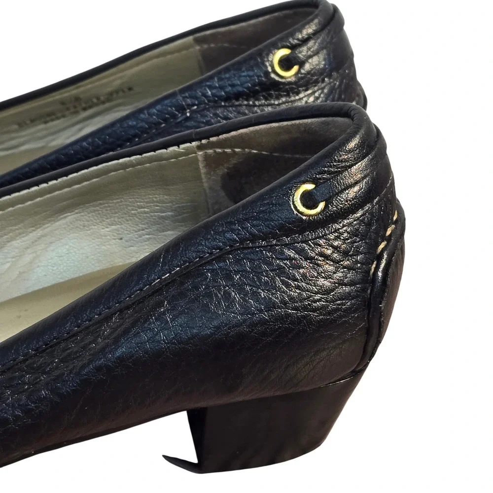 Talbots Black‎ Pebbled Leather Tassel Loafer Pumps Low Block Heel Gold Hardware